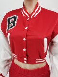 Letter Print Color Block Splicing Baseball Casual Sports Two Piece Set WSYF-59150