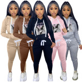 Fleece Print Hooded Pocket Two Piece Pants Set YMEF-5088