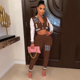 Letter Print Color Block Splicing Baseball Casual Sports Two Piece Set WSYF-59150