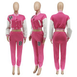 Letter Print Color Block Splicing Baseball Casual Sports Two Piece Set WSYF-59150