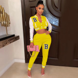Letter Print Color Block Splicing Baseball Casual Sports Two Piece Set WSYF-59150