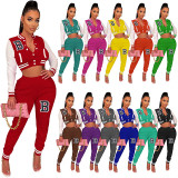 Letter Print Color Block Splicing Baseball Casual Sports Two Piece Set WSYF-59150