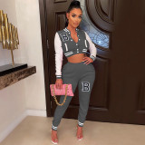 Letter Print Color Block Splicing Baseball Casual Sports Two Piece Set WSYF-59150