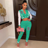 Letter Print Color Block Splicing Baseball Casual Sports Two Piece Set WSYF-59150
