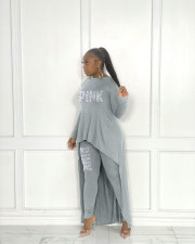 Plus Size PINK Letter Print Irregular Tops And Tight Pant 2 Piece Set JRF-3718