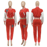 Letter Print Color Block Splicing Baseball Casual Sports Two Piece Set WSYF-59150