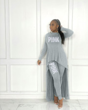 Plus Size PINK Letter Print Irregular Tops And Tight Pant 2 Piece Set JRF-3718
