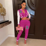 Letter Print Color Block Splicing Baseball Casual Sports Two Piece Set WSYF-59150