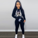 Fleece Print Hooded Pocket Two Piece Pants Set YMEF-5088