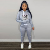 Fleece Print Hooded Pocket Two Piece Pants Set YMEF-5088
