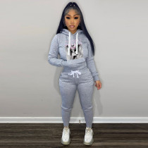 Fleece Print Hooded Pocket Two Piece Pants Set YMEF-5088