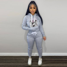 Fleece Print Hooded Pocket Two Piece Pants Set YMEF-5088