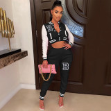 Letter Print Color Block Splicing Baseball Casual Sports Two Piece Set WSYF-59150