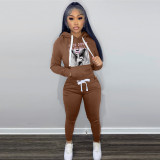 Fleece Print Hooded Pocket Two Piece Pants Set YMEF-5088