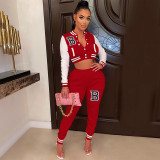 Letter Print Color Block Splicing Baseball Casual Sports Two Piece Set WSYF-59150