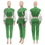 Letter Print Color Block Splicing Baseball Casual Sports Two Piece Set WSYF-59150