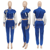 Letter Print Color Block Splicing Baseball Casual Sports Two Piece Set WSYF-59150