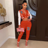 Letter Print Color Block Splicing Baseball Casual Sports Two Piece Set WSYF-59150