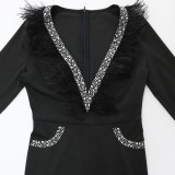 Fashion Deep V Feather Splicing Neck Wide Leg Jumpsuit CYA-900151