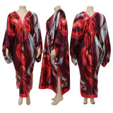Plus Size Bat Sleeve Print V Neck Maxi Dress NNWF-10248
