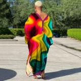 Plus Size Bat Sleeve Print V Neck Maxi Dress NNWF-10248