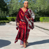 Plus Size Bat Sleeve Print V Neck Maxi Dress NNWF-10248