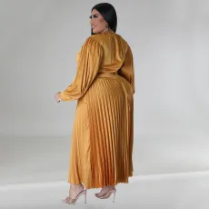 Plus Size Solid Color Long Sleeve Ruched Long Dress NNWF-7729