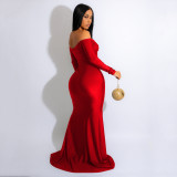 Solid Color Off Shoulder Logn Sleeve Maxi Dress AIL-228