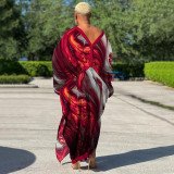 Plus Size Bat Sleeve Print V Neck Maxi Dress NNWF-10248