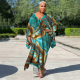 Plus Size Bat Sleeve Print V Neck Maxi Dress NNWF-10248