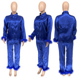Solid Color Long Sleeve Shirt And Villus Splicing Pant Two Piece Set WSYF-5956