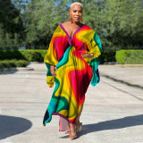 Plus Size Bat Sleeve Print V Neck Maxi Dress NNWF-10248