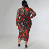 Plus Size Fashion Print See Through Long Dress NNWF-7605
