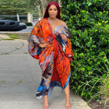 Plus Size Bat Sleeve Print V Neck Maxi Dress NNWF-10248