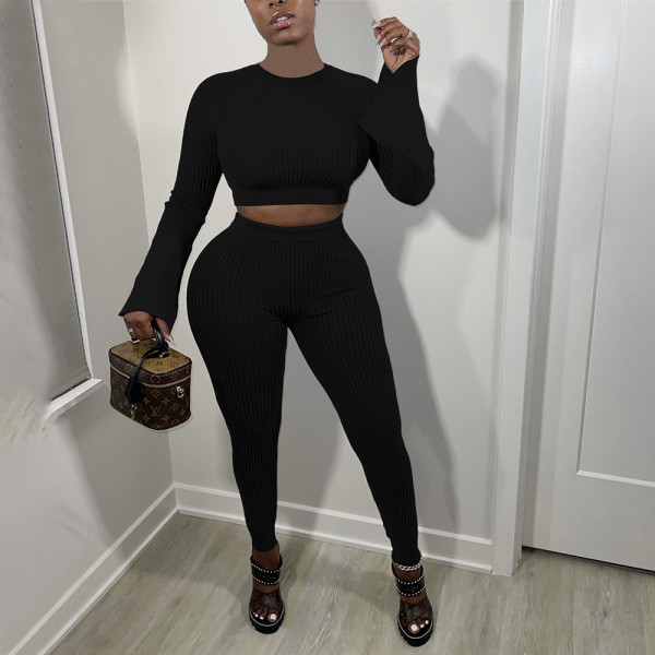 Long Sleeve Crew Neck Solid Two Piece Pants Set YF-9961