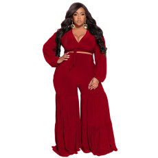 Solid Tie Up Long Sleeve Tops And Splicing Straight Pant Suits NNWF-7668