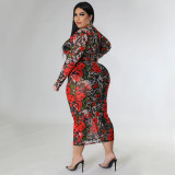 Plus Size Fashion Print See Through Long Dress NNWF-7605