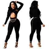 Sexy Cross Hollow Out Solid Jumpsuit (without chain) YF-9963