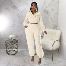 Solid Color Long Sleeve Agaric Edge Splicing Pant 2 Piece Set YF-10311