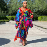 Plus Size Bat Sleeve Print V Neck Maxi Dress NNWF-10248