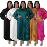 Plus Size Solid Color Long Sleeve Ruched Long Dress NNWF-7729