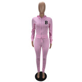 B Letter Print Zipper Hoodies Pant Two Piece Set CXLF-8087