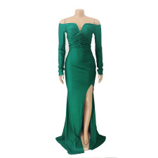 Solid Color Off Shoulder Logn Sleeve Maxi Dress AIL-228