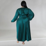 Plus Size Solid Color Long Sleeve Ruched Long Dress NNWF-7729
