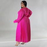 Plus Size Solid Color Long Sleeve Ruched Long Dress NNWF-7729