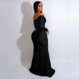 Solid Color Off Shoulder Logn Sleeve Maxi Dress AIL-228