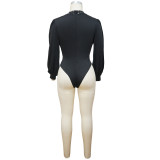 Solid Deep V-Neck Lace Splice Bodysuit YF-1255