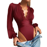 Solid Deep V-Neck Lace Splice Bodysuit YF-1255