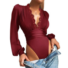 Solid Deep V-Neck Lace Splice Bodysuit YF-1255