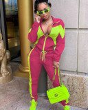 Fashion Color Blocking Zipper Coat And Sports Pant Two Piece Set YD-8669